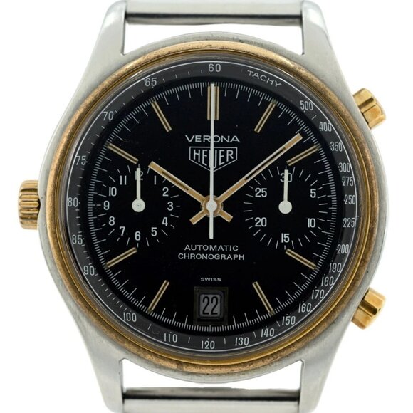 Heuer 38mm Vintage Verona Black Dial Automatic Chronograph Watch - Picture 2 of 9